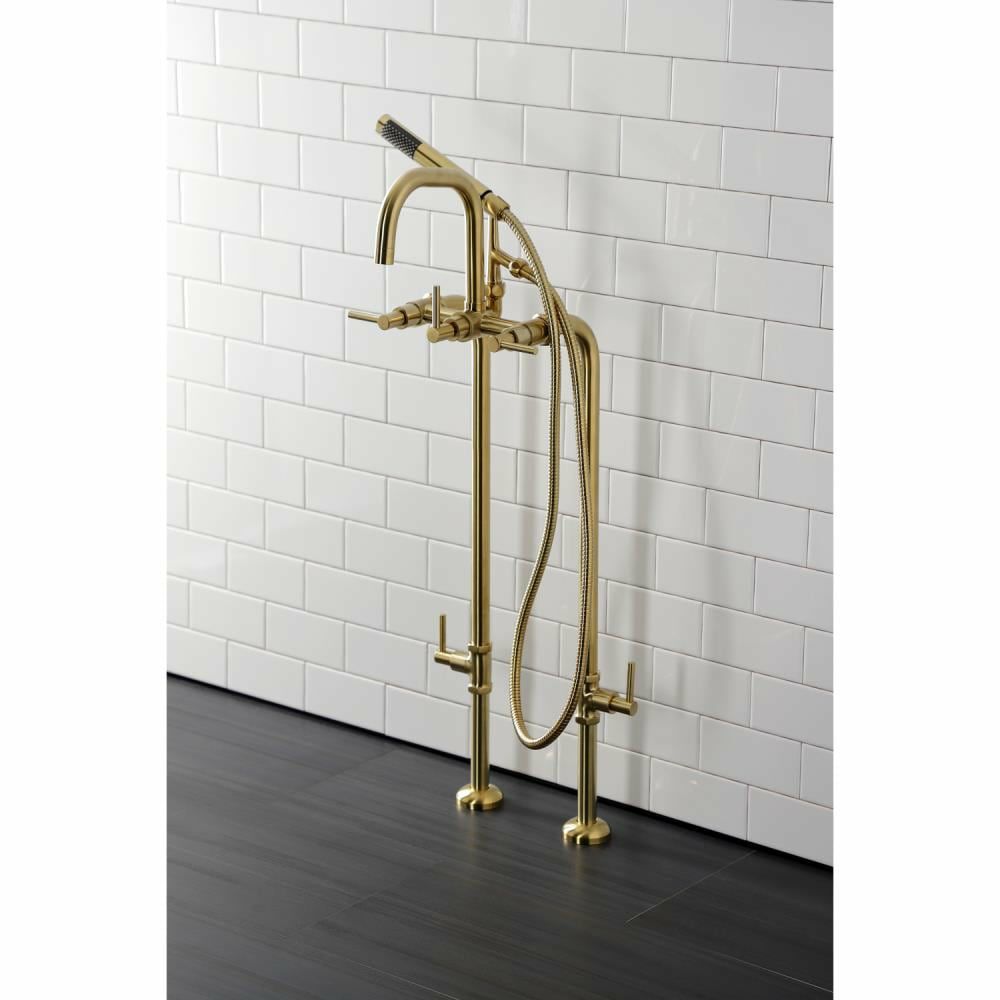 Cabinet Hardware | Kingston Brass Concord Brushed Brass 3-Handle Freestanding High-Arc Bathtub Faucet With Hand Shower (Valve Included) Cabinet Hardware Cabinet Hardware