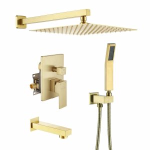 Toilet Paper Holders | Clihome Brushed Gold Dual Head Built-In Shower Faucet System With 3-Way Diverter Pressure-Balanced Valve Included Faucets & Shower Heads Clihome