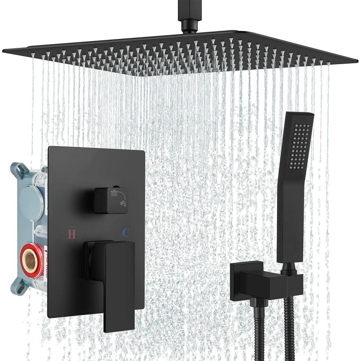 Toilet Paper Holders | Wellfor Dt 16-In Ceiling Mounted Shower System Matte Black Dual Head Waterfall Built-In Shower Faucet System With 2-Way Diverter Pressure-Balanced Valve Included Faucets & Shower Heads Toilet Paper Holders